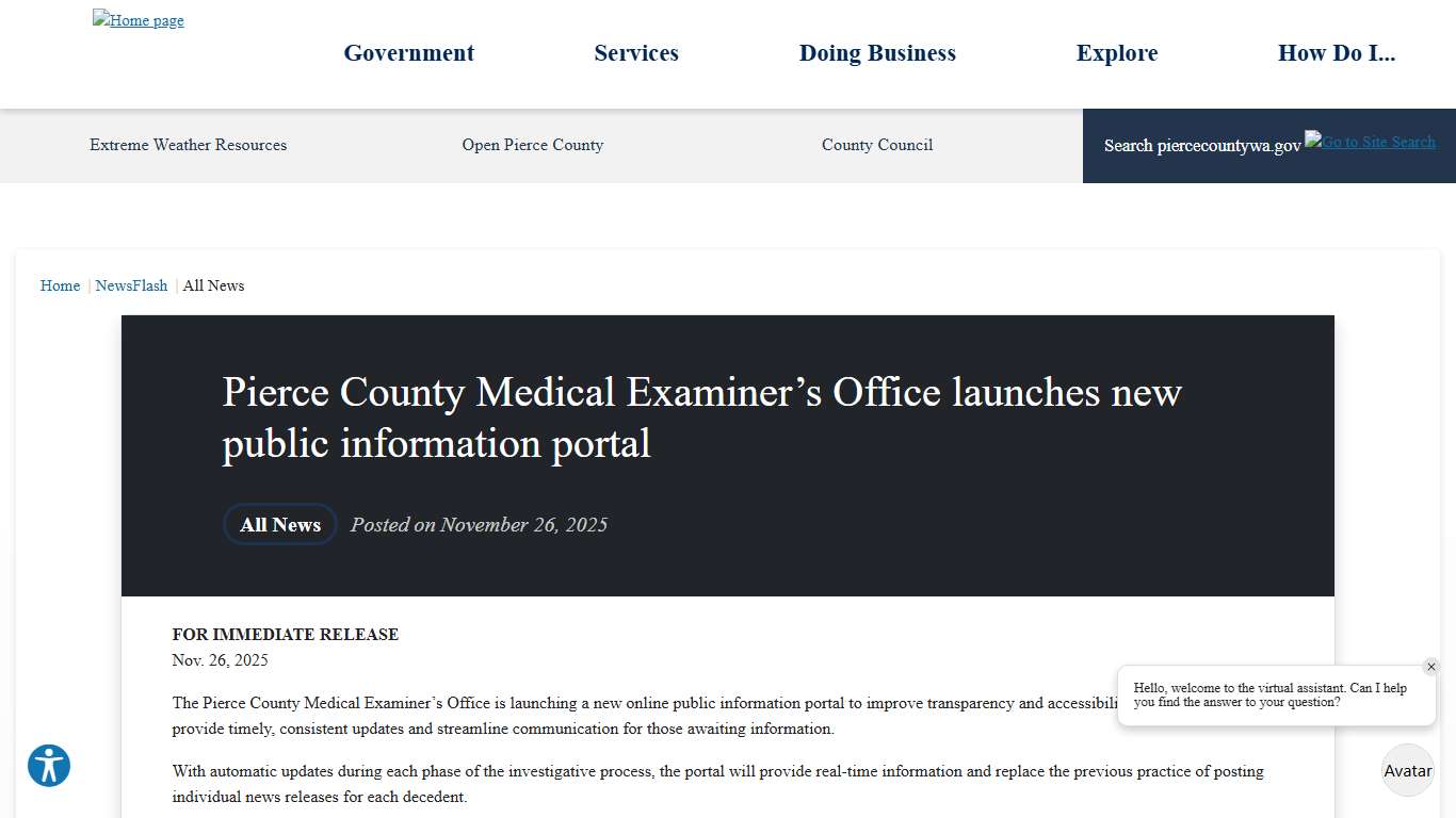 Pierce County Medical Examiner’s Office launches new public information portal • Pierce County, WA
